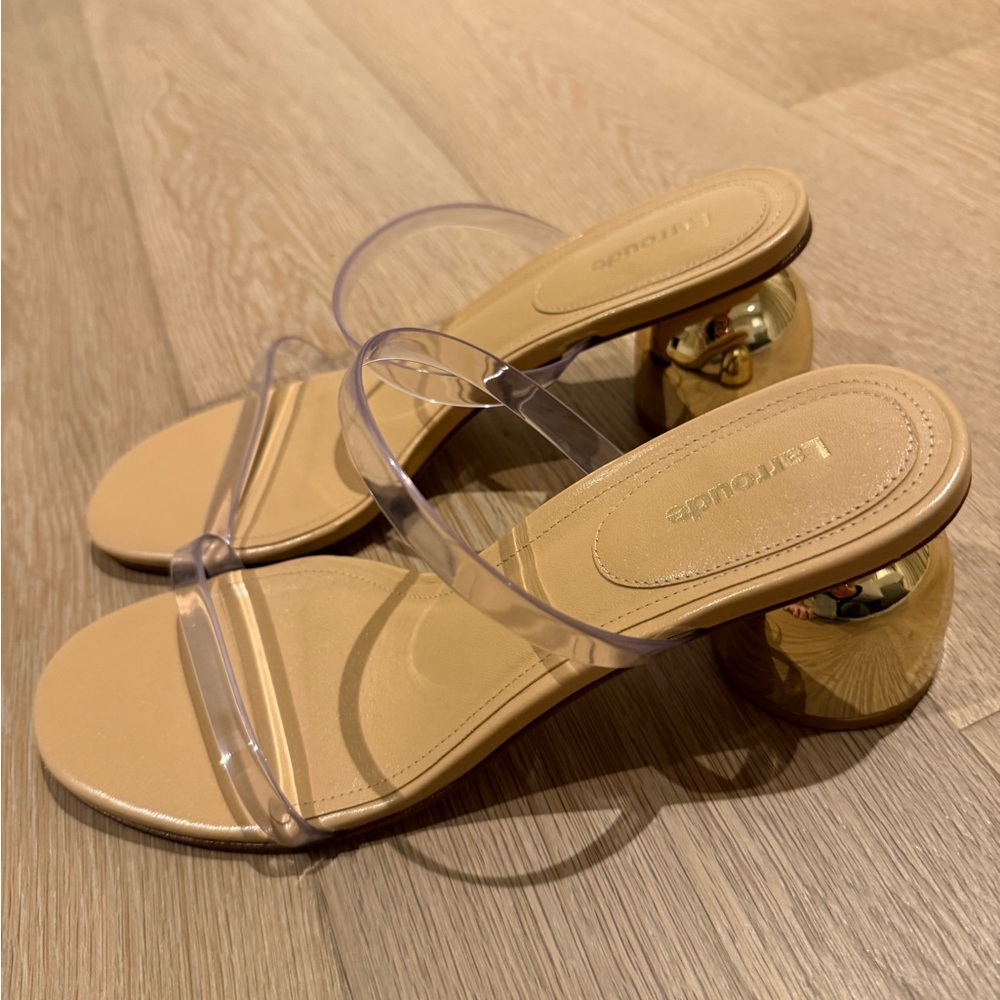 Larroude Clear Strap Heels with Gold Spherical Heel - dew drop mule